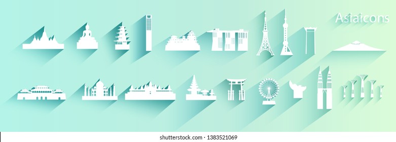 Travel Asian architecture of Icon set symbol on blue background with long shadow,  Travel Asia landmarks with icon and symbol collection, Paper cut origami and paper art, Vector logo illustration.