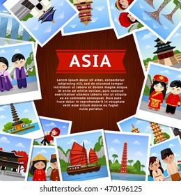 Travel to asian countries. Collage of photos on a  wooden surface. Square banner with place for text.