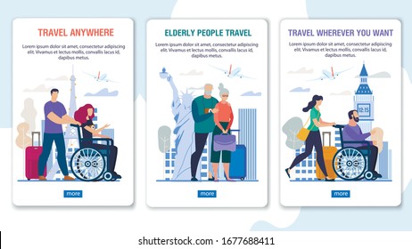 Travel Assistance for Disabled, Senior People Set. Mobile Tour Agency Application Pages Kit. Phone Onboard Screen Design with Happy Man, Woman in Wheelchair and Aged Family Couple Vector Illustration