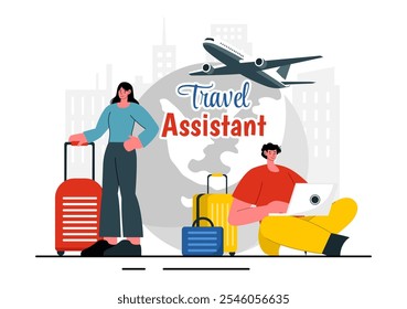 Ilustração do vetor do assistente de viagem para ajudar e facilitar os turistas no planejamento de pacotes de viagem e organização de agendas de turismo em segundo plano