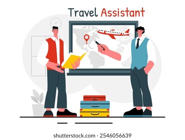 Ilustração do vetor do assistente de viagem para ajudar e facilitar os turistas no planejamento de pacotes de viagem e organização de agendas de turismo em segundo plano