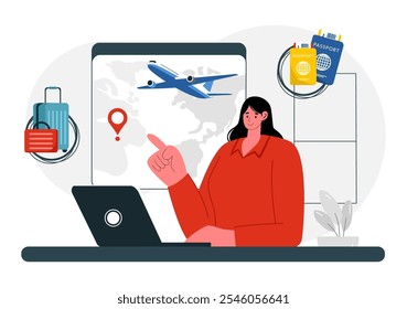 Ilustração do vetor do assistente de viagem para ajudar e facilitar os turistas no planejamento de pacotes de viagem e organização de agendas de turismo em segundo plano