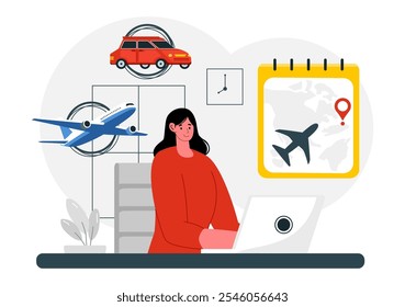 Ilustração do vetor do assistente de viagem para ajudar e facilitar os turistas no planejamento de pacotes de viagem e organização de agendas de turismo em segundo plano