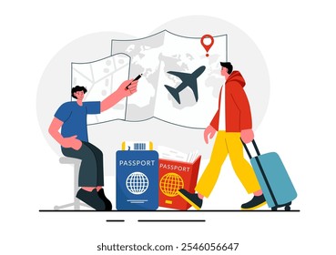 Ilustração do vetor do assistente de viagem para ajudar e facilitar os turistas no planejamento de pacotes de viagem e organização de agendas de turismo em segundo plano