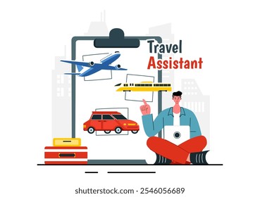 Ilustração do vetor do assistente de viagem para ajudar e facilitar os turistas no planejamento de pacotes de viagem e organização de agendas de turismo em segundo plano