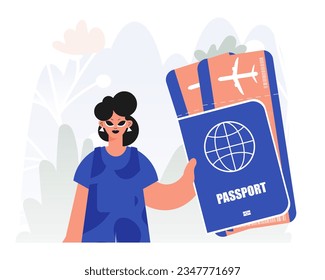 Travel of Association. Exuberant lady with Around the world id and Conversation around Tickets.