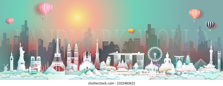 Travel attraction landmark world with landscape city, Tour popular downtown architecture world by balloon, Famous monument country, Paper cut origami colorful sunrise in skyline downtown background.