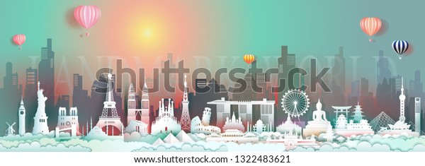 Travel attraction landmark world with\
landscape city, Tour popular downtown architecture world by\
balloon, Famous monument country, Paper cut origami colorful\
sunrise in skyline downtown\
background.