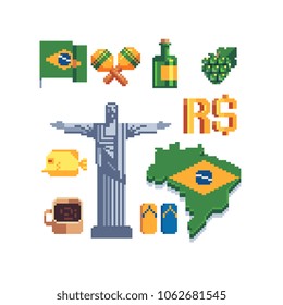 Travel and attractions Brazil symbols pixel art set part 4. Brazil Real sign and national flag in the form of country isolated vector illustration. Design for stickers, logo, app. 8-bit sprite.