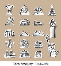 Travel attractive landmark cartoon drawing icons set