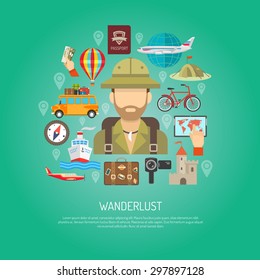 Travel attribution plane ship tent map and wanderlust tourist person flat color concept vector illustration