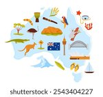 Travel to Australia, architecture landmarks and wildlife, ethnic culture elements on infographic country map. Sydney opera house, mountain landscape, parrot and kangaroo cartoon vector illustration