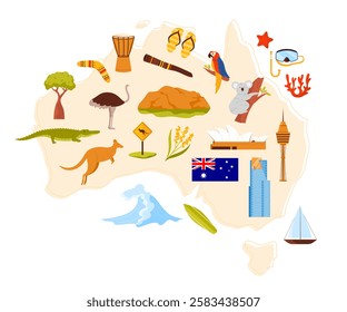 Travel to Australia, architecture landmarks and wildlife, ethnic culture elements on infographic country map. Sydney opera house, mountain landscape, parrot and kangaroo cartoon vector illustration