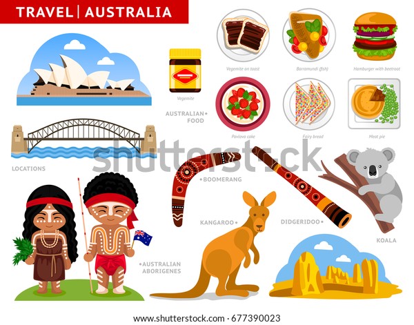 Travel to Australia. Australian aborigines in\
national clothes. Set of traditional cuisine, architecture,\
cultural symbols. A collection of colorful illustrations for\
guidebook. Attractions,\
places.