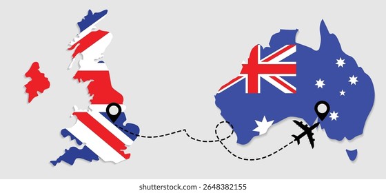 Travel to Australia by airplane from Great Britain concept. I love Australia vector illustration