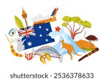 Travel to Australia, collage of famous landmarks, culture elements and animals. Australian flag and ocean wave surf, mountain and tree, Sydney opera house and bridge cartoon vector illustration