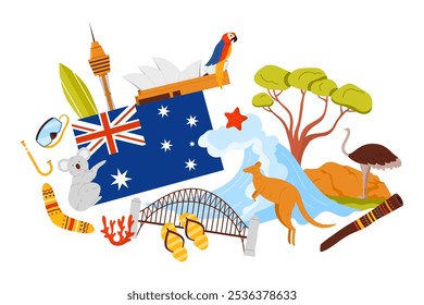 Viaje a Australia, collage de Lugares famosos famosos, Elementos culturales y animales. Bandera australiana y la ola del océano surf, montaña y árbol, casa de la ópera de Sydney y Ilustración vectorial de dibujos animados del puente