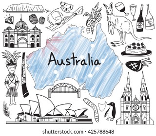 Travel To Australia Doodle Drawing Icon With People, Culture, Costume, Landmark And Cuisine Tourism Concept In Isolated Background, Create By Vector  
