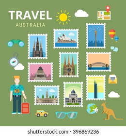 Travel Australia New Zealand. Picture gallery vector template flat style. Tourism sightseeing POI landmark world famous places. Vacation city country collection.