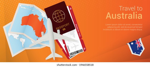 Travel To Australia Pop-under Banner. Trip Banner With Passport, Tickets, Airplane, Boarding Pass, Map And Flag Of Australia. Vector Template.