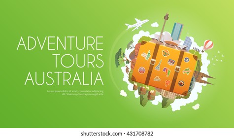 Travel to Australia. Road trip. Tourism. Old suitcase with landmarks. Advertising web banner. Modern flat design.