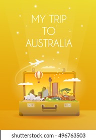 Travel To Australia. Road Trip. Tourism. Open Suitcase With Landmarks. Vertical Advertising Web Banner. Modern Flat Design.