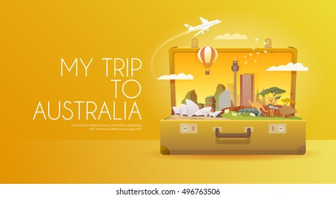 Travel To Australia. Road Trip. Tourism. Open Suitcase With Landmarks. Horizontal Advertising Web Banner. Modern Flat Design.