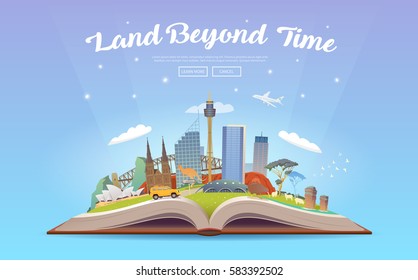 Travel to Australia. Road trip. Tourism. Open book with landmarks. Australia Travel Guide. Advertising web illustration. Summer vacation. Travelling banner. Modern flat design. #5