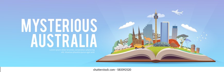 Travel To Australia. Road Trip. Tourism. Open Book With Landmarks. Australia Travel Guide. Advertising Web Illustration. Summer Vacation. Travelling Banner. Modern Flat Design. #2