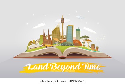 Travel to Australia. Road trip. Tourism. Open book with landmarks. Australia Travel Guide. Advertising web illustration. Summer vacation. Travelling banner. Modern flat design. #1