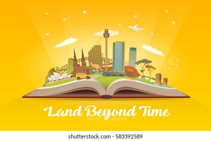 Travel to Australia. Road trip. Tourism. Open book with landmarks. Australia Travel Guide. Advertising web illustration. Summer vacation. Travelling banner. Modern flat design. #4