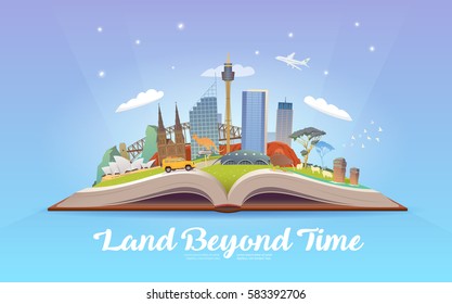 Travel to Australia. Road trip. Tourism. Open book with landmarks. Australia Travel Guide. Advertising web illustration. Summer vacation. Travelling banner. Modern flat design. #3