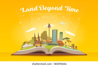 Travel to Australia. Road trip. Tourism. Open book with landmarks. Australia Travel Guide. Advertising web illustration. Summer vacation. Travelling banner. Modern flat design. #6