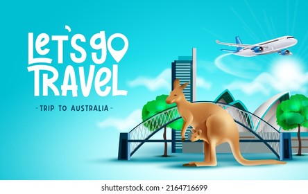 Travel Australia Vector Background Design. Lets Go Travel To Australia  Text With Buildings, Bridge And Kangaroo Landmark Elements For Country Adventure Visit. Vector Illustration.
