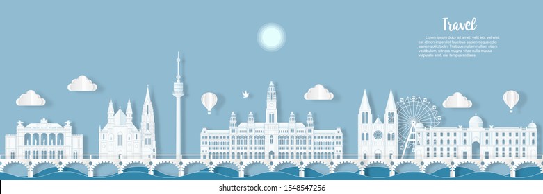 Travel Austria architecture of Austria landmark cityscape and the river with panoramic views , origami style paper for travel postcards, Vector illustration.