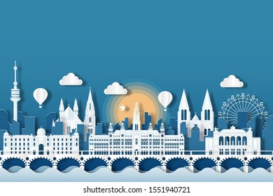 Travel Austria architecture of Austria landmark cityscape and the river with panoramic views , origami style paper for travel postcards, Vector illustration.