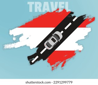 Travel to Austria by car, going holiday idea, vacation and travel banner concept, car on the road with Austria flag, international car travel, automobile going on a way, top view