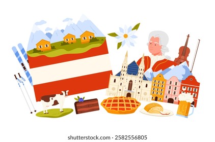 Travel to Austria, collage of famous culture elements. Alpine mountain village and cow, edelweiss flower and skis, Mozart with violin and beer, strudel and Sacher cake cartoon vector illustration