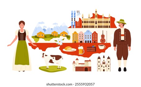 Travel to Austria, guide presentation with Austrians in traditional dress and landscape of Alpine village, famous places for vacation and food, violin on infographic map cartoon vector illustration