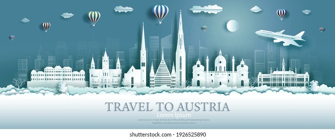 Travel Austria landmarks in vienna city with balloons, Tour landmark the world to history with panorama view cityscape popular capital, Origami paper cut style for advertising,Vector illustration.