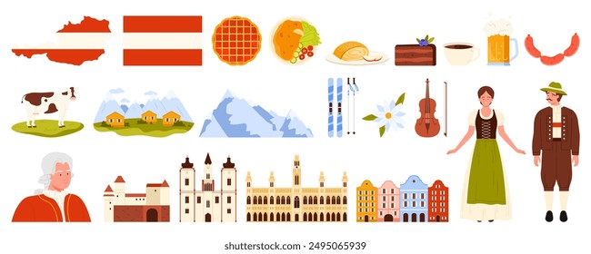 Travel to Austria set. Famous architecture landmarks and mountain nature landscape, traditional food and beer, Austrians in national folk dress, flag and map of Austria cartoon vector illustration