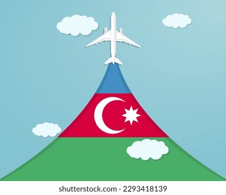 Travel to Azerbaijan by flight, destination concept, vacation in Azerbaijan, plane vector design, paper cut effect with blue sky and airplane, summer trip idea, country tourism banner