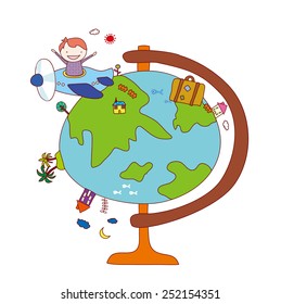 Travel bacground. A boy travel around the world