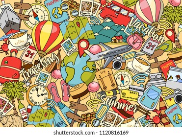 Travel background. Adventure or business trip. elements doodle. hand drawn poster or banner, engraved vector. planning summer vacation. journey and passenger luggage. sketch collection. map and plane.