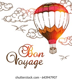 Travel background with air balloon and cloud. Hand drawn vector illustration.