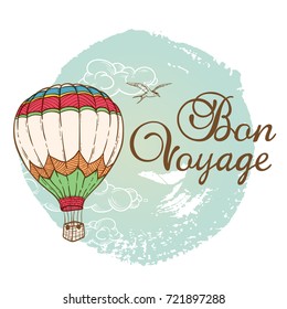 Travel background with air balloon and cloud. Hand drawn vector illustration.