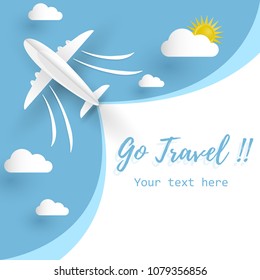 Travel background with airplane aerial view with beautiful sun and clouds. Paper art style. Digital craft design.