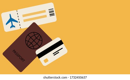 Travel background, airplane ticket, passport and credit card on yellow background