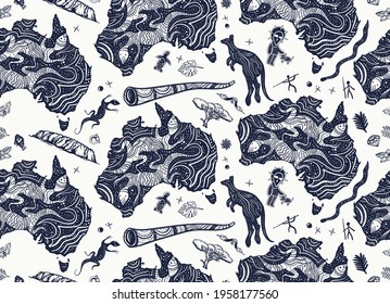 Travel background. Australia seamless pattern. Ethnic Australian map, rock painting, kangaroo, didgeridoo