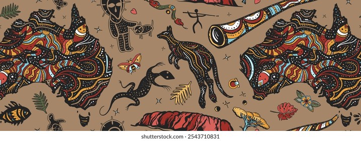 Travel background. Australia seamless pattern. Ethnic Australian map, kangaroo, didgeridoo, rock painting. Outdoors art